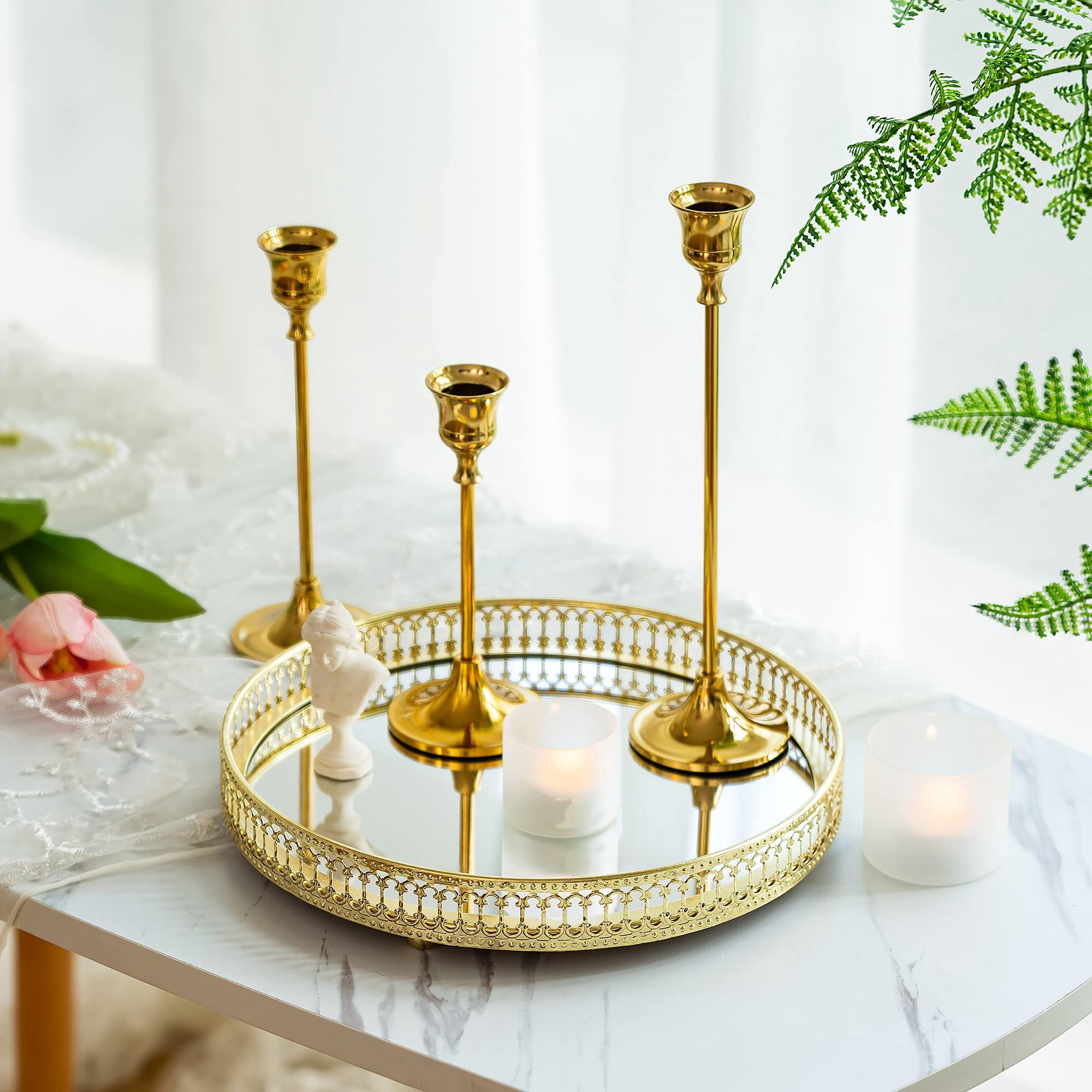 Nuptio 2 Sets(6 Pcs) Brass Gold Metal Taper Candle Holders Candlestick Holders
