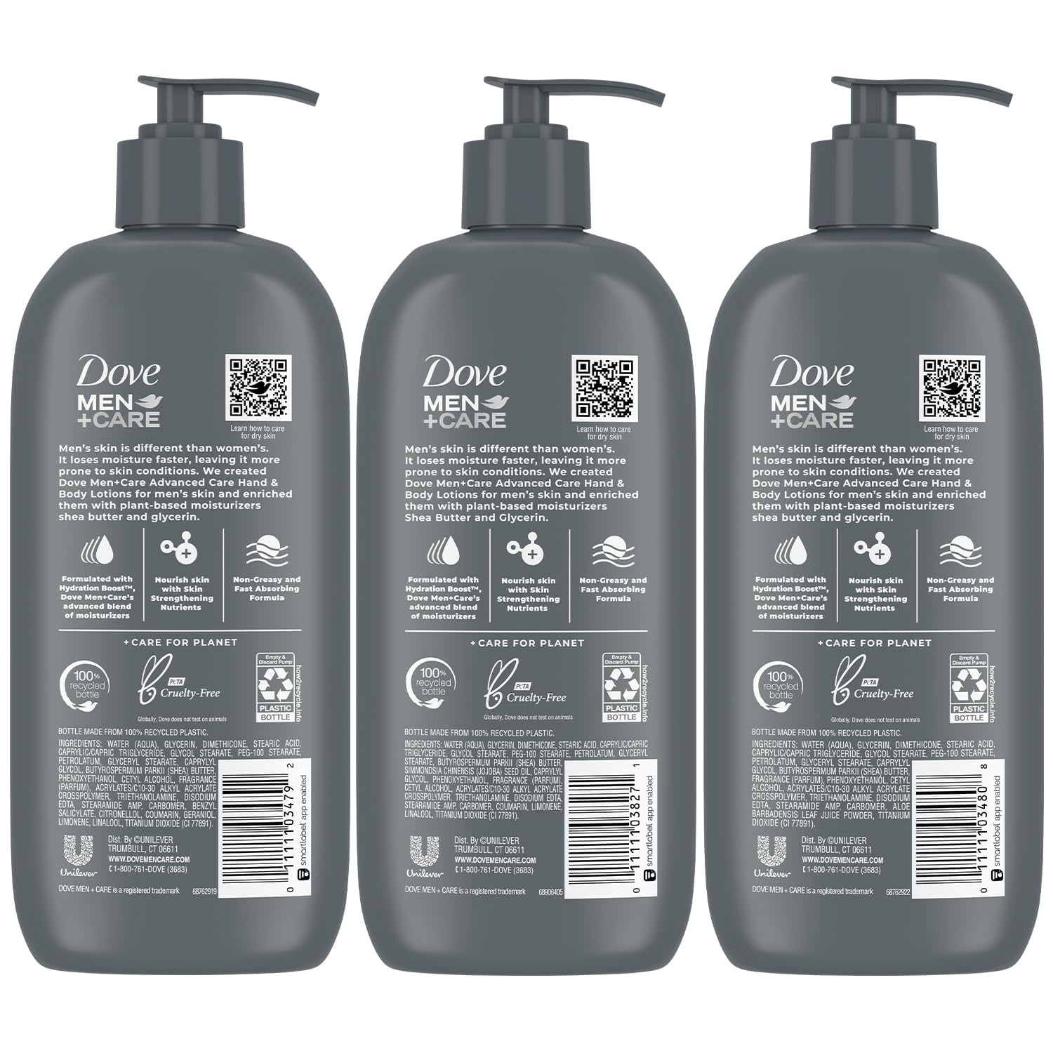 Dove Hand & Body Lotion, Men+Care Variety Pack – Rough Dry Skin Comfort with Shea Butter, Sensitive Skin Comfort with Aloe Vera, Everyday Skin Comfort with Jojoba Oil, 13.5 Oz Ea (3 Piece Set)
