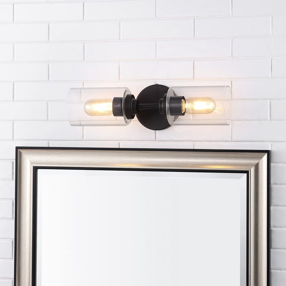 JONATHAN Y Giles 16" 2-Light Farmhouse Industrial Iron Cylinder LED Sconce, Oil Rubbed Bronze/Clear