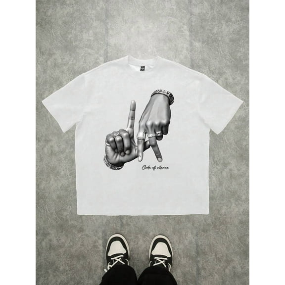 Angeles LA Letter Hand Gesture Logo Print Casual Oversized Men White T-Shirt