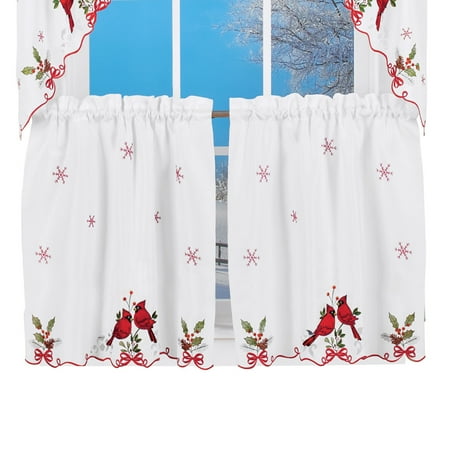 Embroidered Winter Cardinals Window Curtain Panels Collection Red