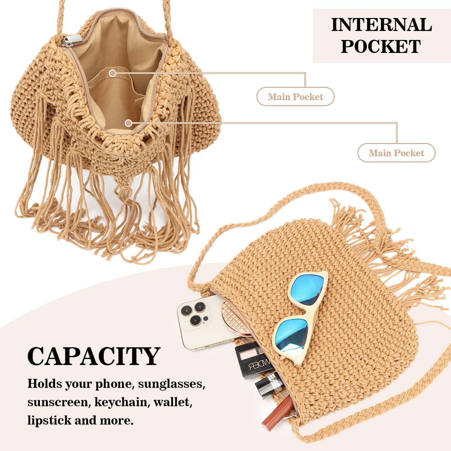 Retro Crochet Crossbody Shoulder Bag for Women Woven Fringe hobo bags Summer Beach Handmade Purse