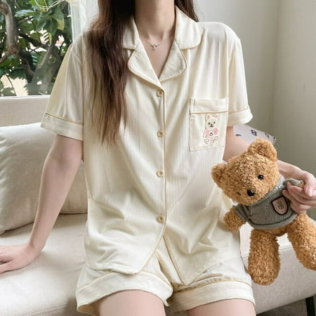 

DanceeMangoo Summer Pajamas Loose Version Pajama Set Meryl Princess Style Women Sleepwear Imitated Silk Fabric Lapel
