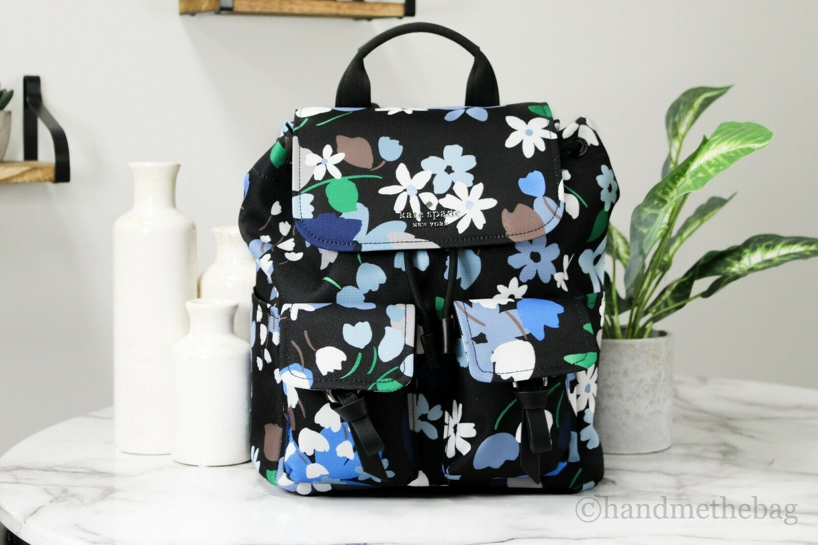 Kate Spade Carley B Blooms Canvas Large Flap Backpack BookBag Bag (Blue  Floral Multi) 