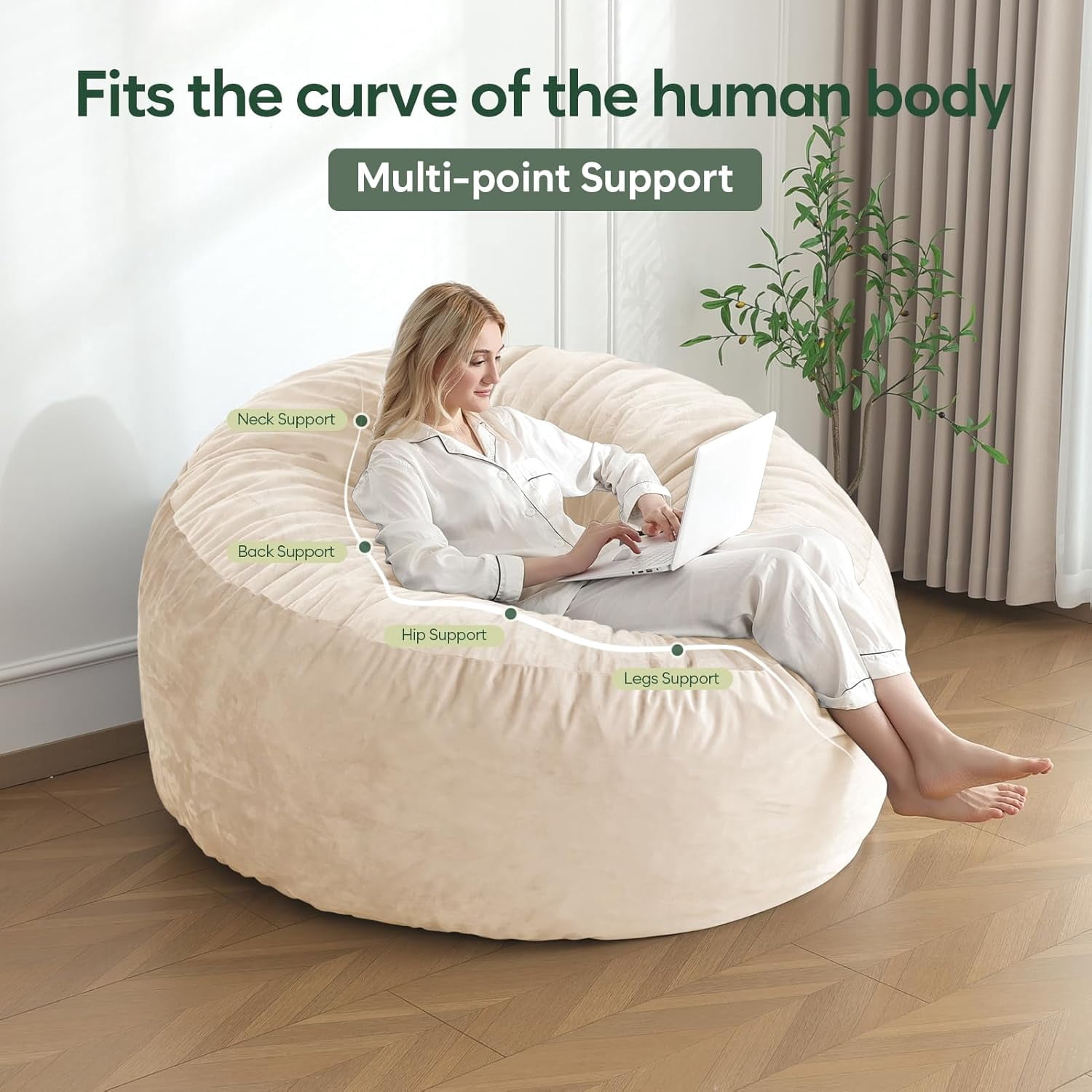 3 Ft Bean Bag Chair, Memory Foam Bean Bag Chairs for Adults with Filling, Round Bean Bag Sofa with Filler Included, Beanbags with Soft Dutch Velvet Fabric,3 Foot,Beige