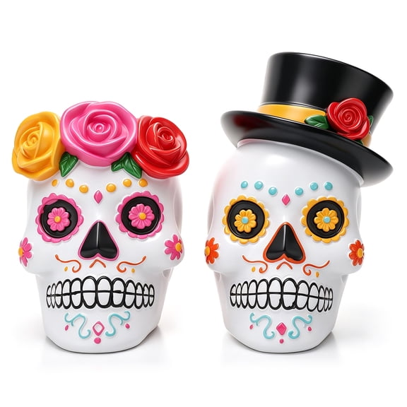 sixwipe Resin Day of The Dead Skull Couple, Halloween Decor, Black and White Skeleton Figurine Set, Male with Top Hat, Female with Red Rose Wreath