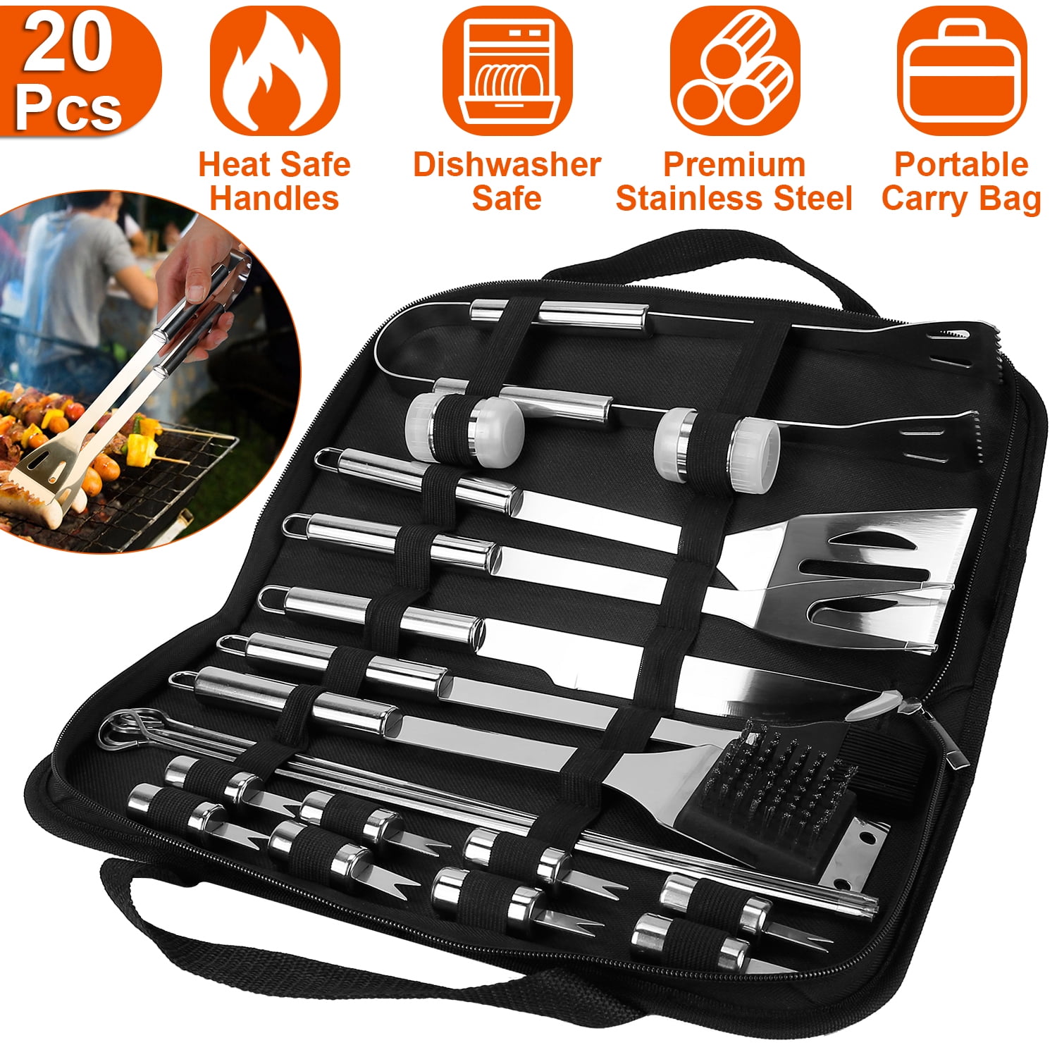 LakeForest Stainless Steel BBQ Grill Tool Kit Grilling Utensil Accessories w/ Spatula Tongs Fork Knife Brush Pepper Salt Shaker Bottle Grilled Skewers Corn Needles