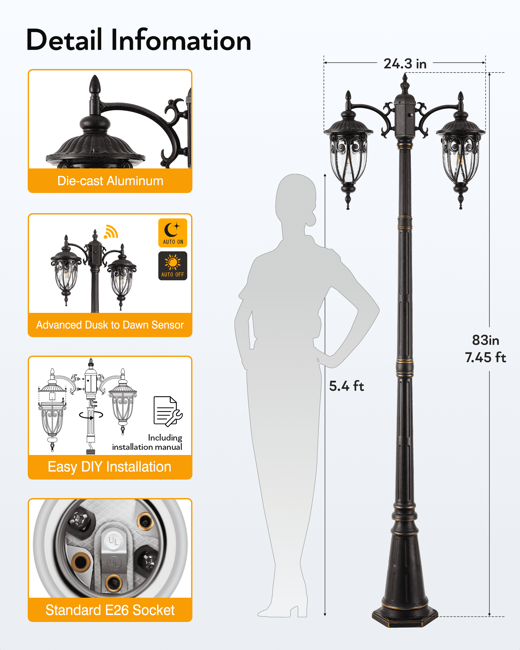 VIANIS 2-Head Outdoor Lamp Post Light, Dusk to Dawn Post Lamps Outside, Waterproof Seed Glass Lamp Posts Outdoor Lighting, Anti-Rust Bronze Light Posts for Outside, Garden, Yard, Doorway, Hardwired
