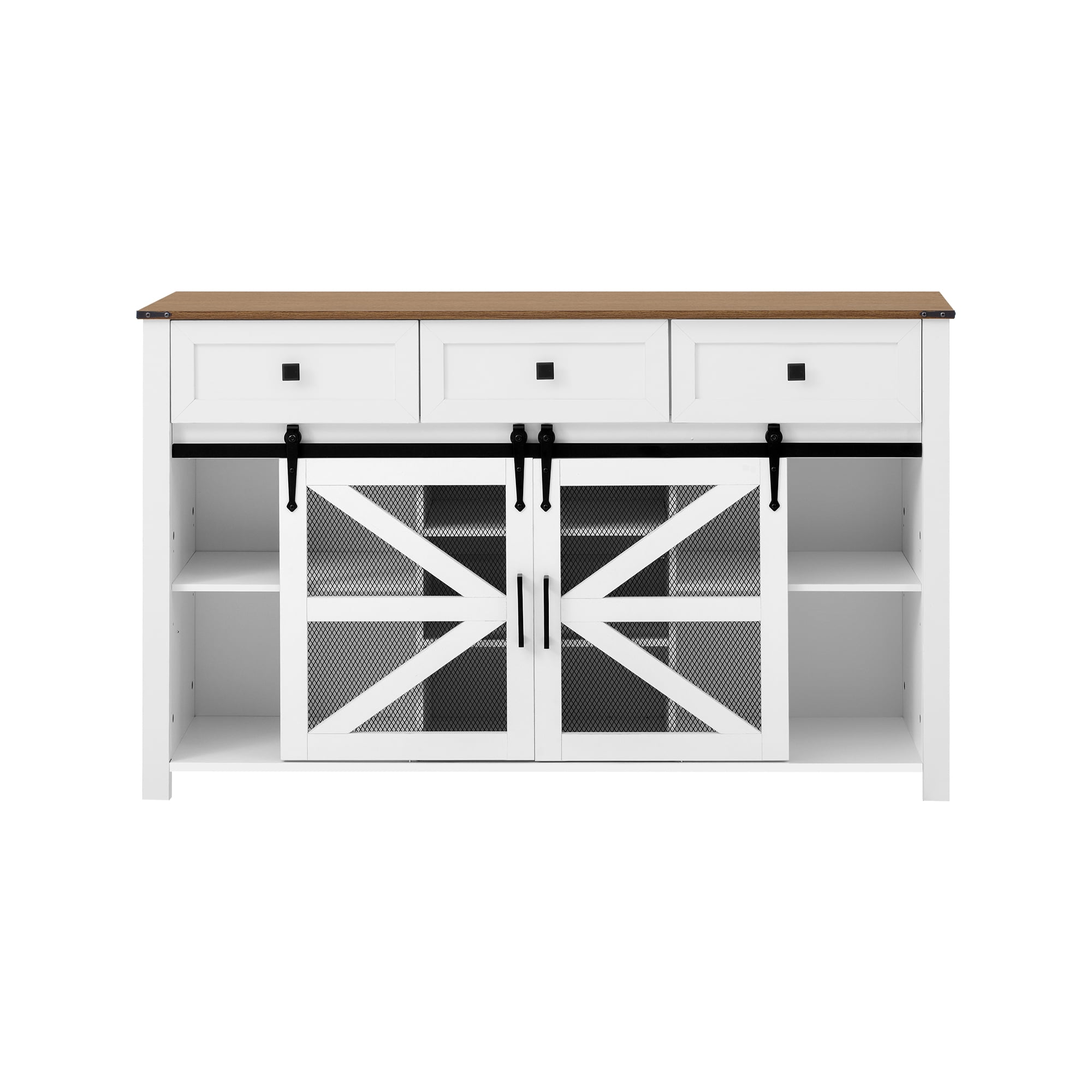 55" Sliding Barn Door Sideboard Buffet Cabinet with 3 Drawers, Adjustable Shelves, Metal Mesh & Particleboard Doors, Aluminum Handles, Industrial Storage for Living or Dining Room
