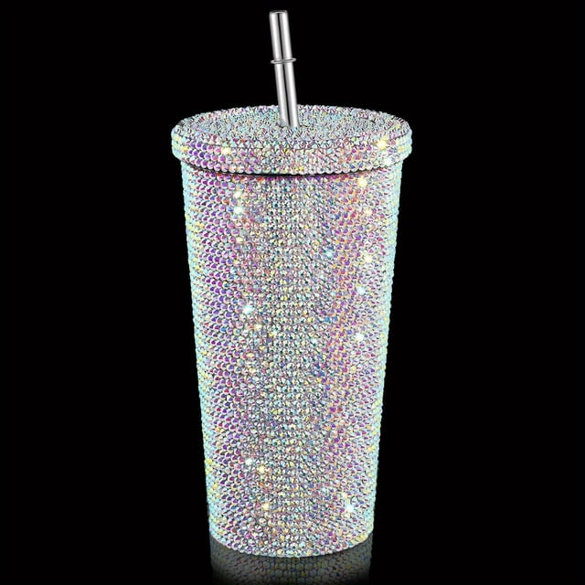 Elegant Rhinestone-Encrusted Insulated Stainless Steel Tumbler with Straw - Double-Layer Design, Vibrant Crystal Embellishments, Perfect for Coffee or Tea, Gift Item, Coffee Tumbler | Elegant Tumbler