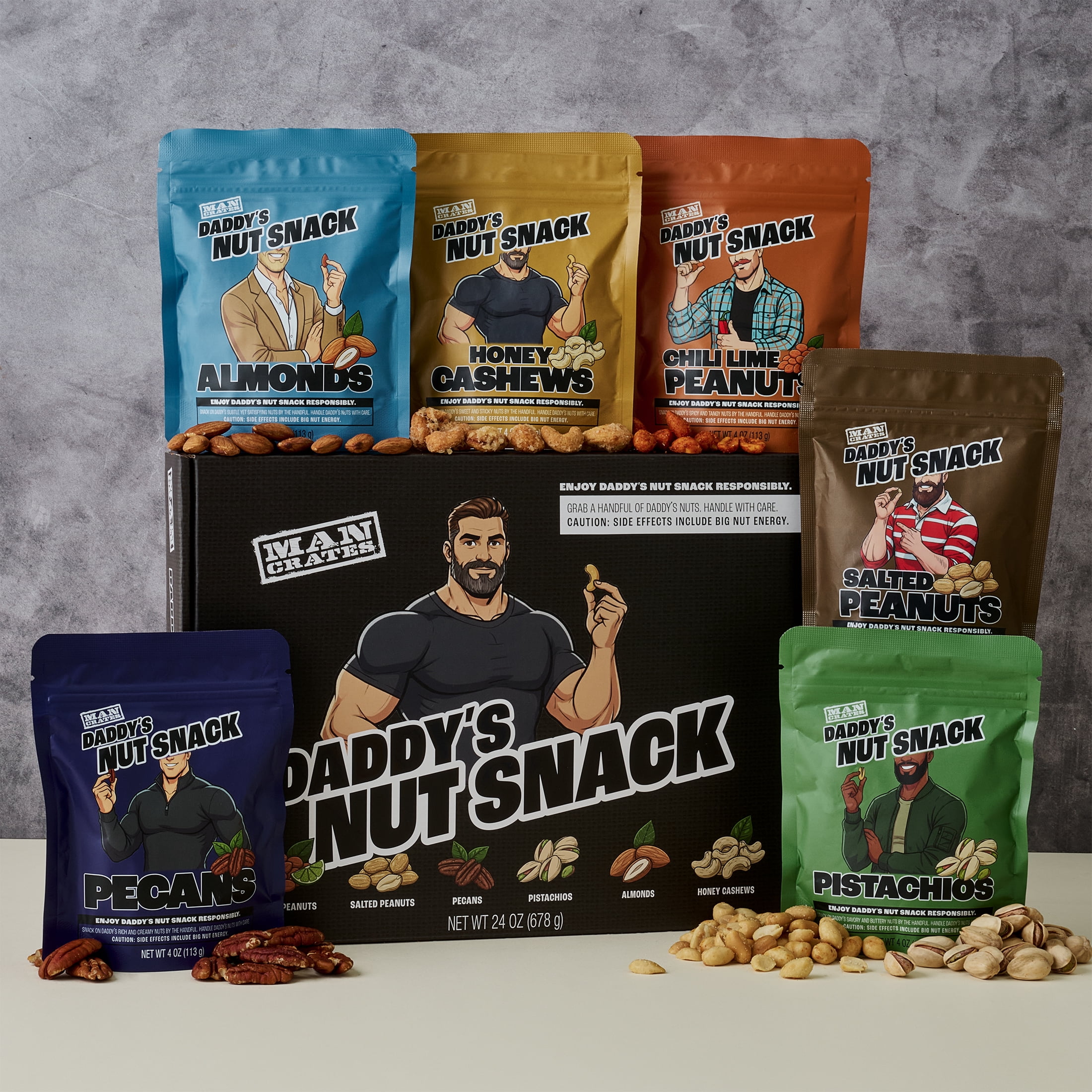 Man Crates Daddy’s Nut Snack Variety Pack, Gourmet Mixed Nuts Basket with Almonds, Pistachios, Cashews, Pecans and Peanuts