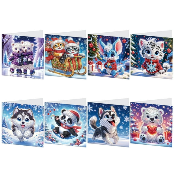 8pcs Diamond Art Painting Greeting Card, Bear, Dog, Cat Animals 5D DIY Special Shape Diamond Creative Gift, Greeting Card Set Gift Birthday Thanksgiving Greeting Card Congratulation