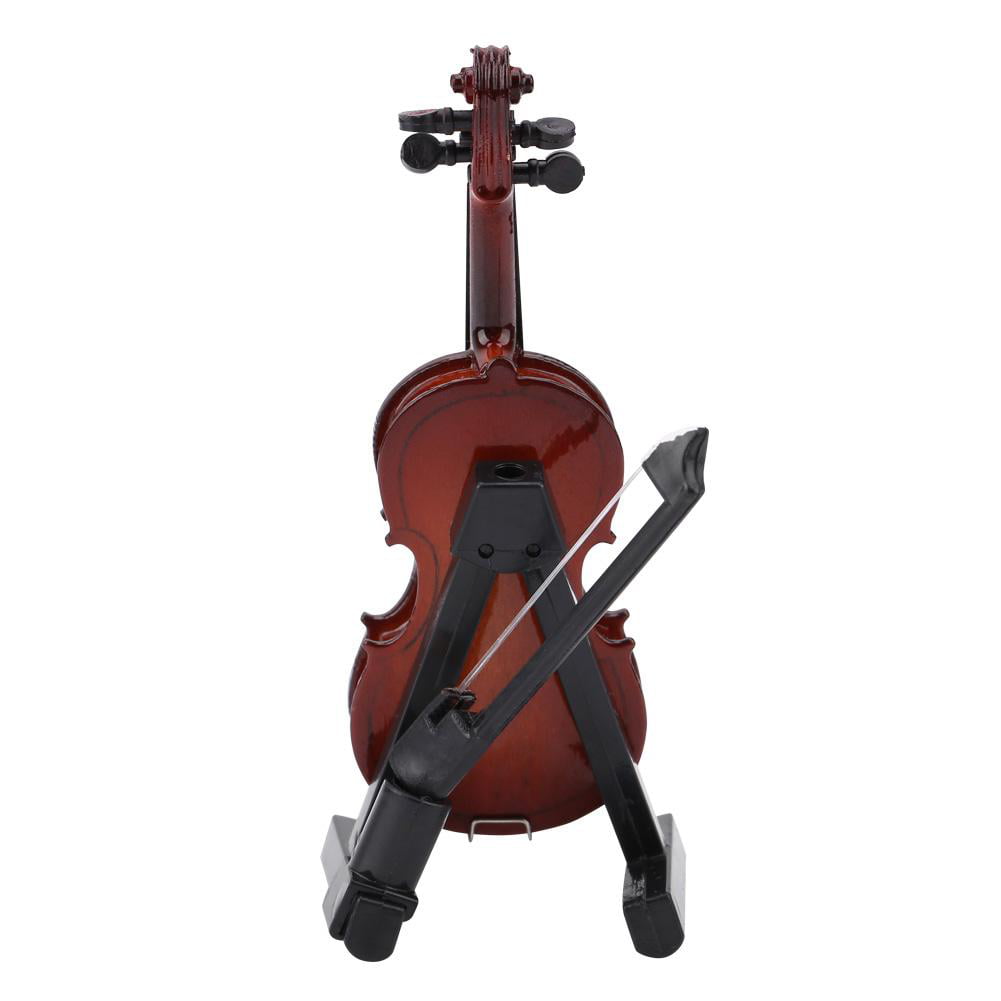 Wooden Miniature Violin Mini Dollhouse Musical Instrument Model Decor Model Decor with Bow Stand Support and Black Case for Kids 