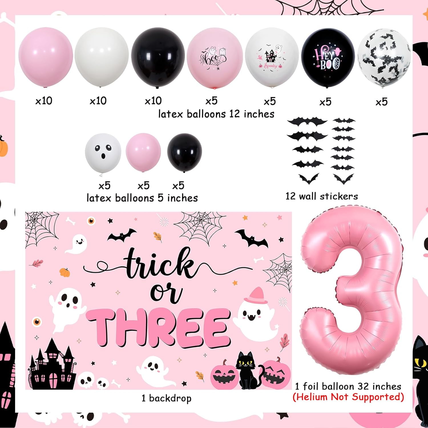 Halloween 3rd Birthday Decorations Trick Or Three Balloon Garland Arch Kit for Girls, Pink White Bat Wall Stickers Ghost Balloon Backdrop Halloween Third Birthday Party Decor Supplies
