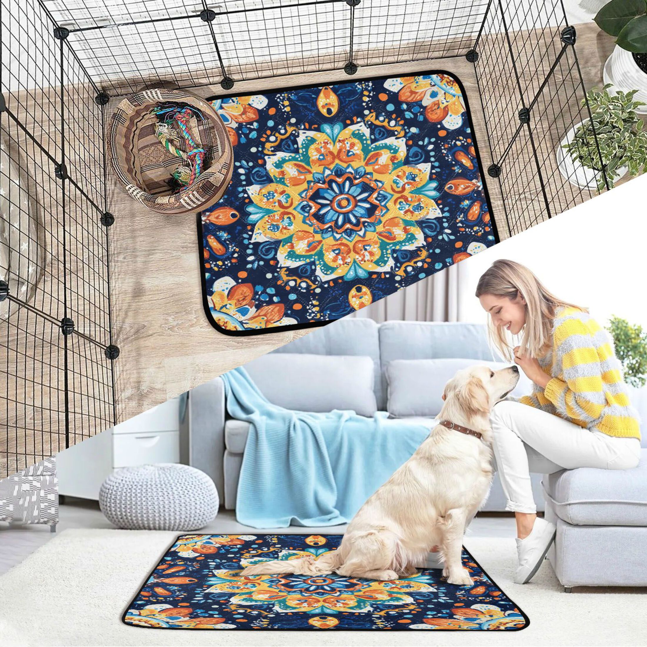 Qxltty Bohemian Style Pattern Cat litter Pads Pet Set of 3 Diaper Mats Center Anti-leakage Layer Absorbent Soft and Comfortable