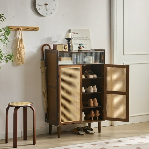 BALANBO Shoe Cabinet with Rattan Doors, 5-Tier Shoe Storage Organizer, Walnut Finish