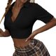 thumbnail image 1 of Top corto para mujer, cuello en V, cuello vuelto, deportivo, dulce, manga corta, camiseta para citas diarias, informal, negro, XS, 1 of 6