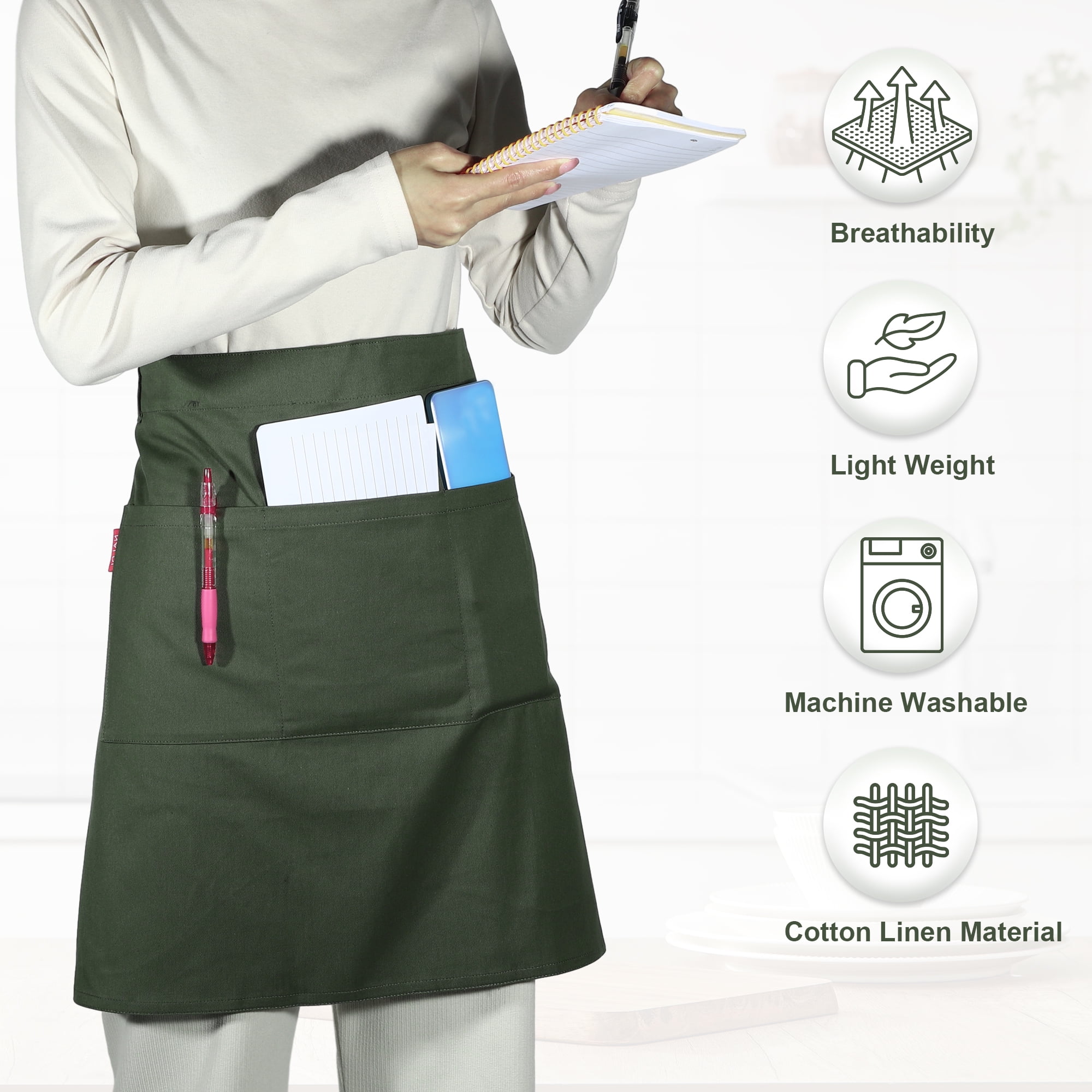 Unique Bargains Serving Cooking Versatile Waist Apron with Pockets Army Green