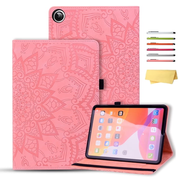 ELEHOLD Multi-Functional Flip Leather Case for Samsung Galaxy Tab A11  2025 ,11-inch. Embossed Flower Card Slots Holders Kickstand Anti-Scratch Shockproof Business Men Women Case, Pink