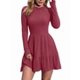 thumbnail image 3 of Womens Long Sleeve Fall Dresses with Flowy Casual Ribbed Knit Crew Neck Knee Length Sweater Dress Wine Red L, 3 of 8
