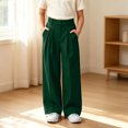 thumbnail image 2 of hotojiny Girls Dress Pants Wide Leg Uniform Pants for Kids Trendy High Waist Pleated Front Formal Pants with Pockets(Army Green,8-9 Years), 2 of 6