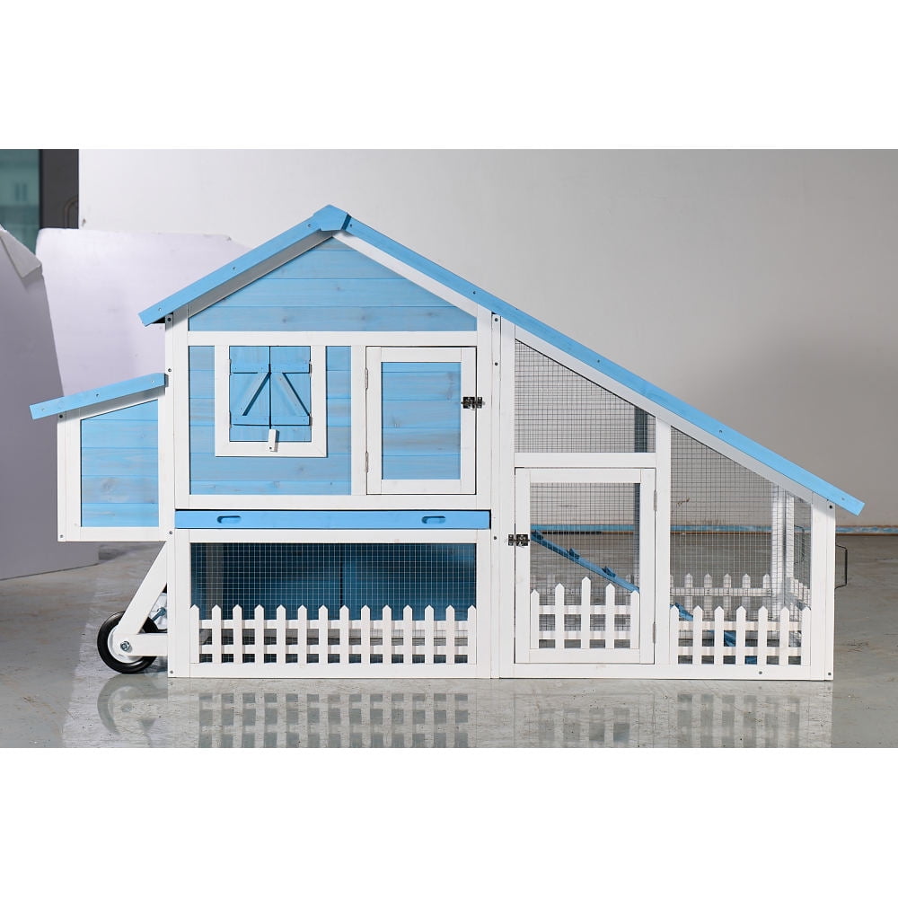 76 Inch Large Wooden Rabbit Hutch, Indoor Outdoor Bunny Cage with Waterproof Asphalt Roof, Spacious Run, Removable Tray and Ramp, Fir Wood Pet House for Small Animals, Light Blue