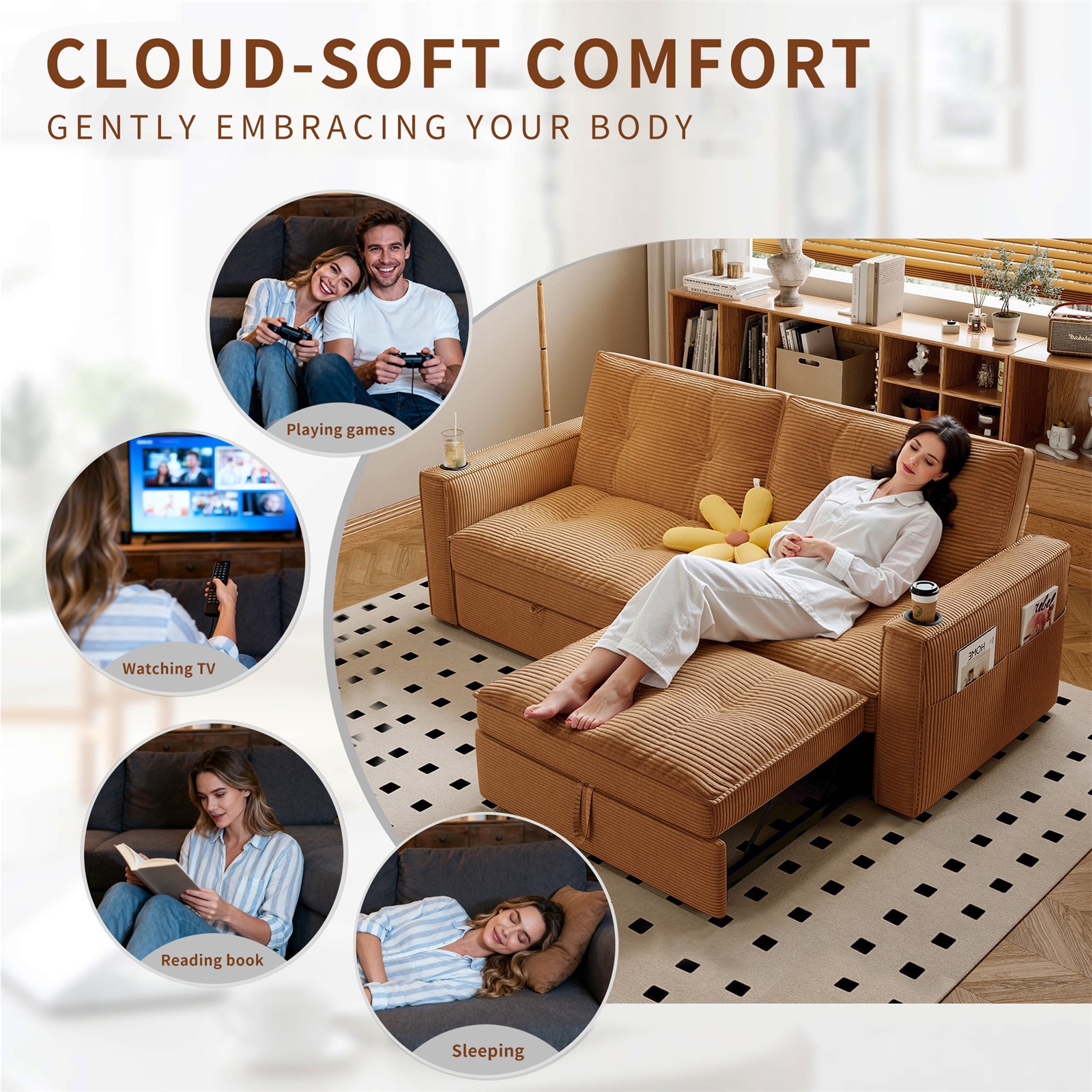 Hommoo 70" Convertible 2-in-1 Pull Out Couch Bed, Multi-Functional Corduroy Loveseat Sleeper Sofa Bed, Orange