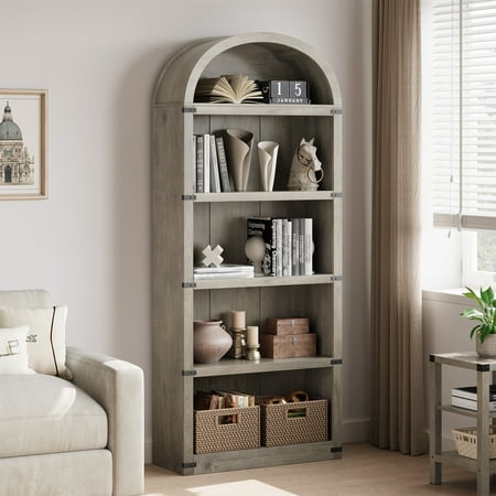 Memoryfield 5 Shelf Arched Bookcase, 71.7" Tall Farmhouse Wooden Bookshelf, Open Display Storage Rack for Living Room, Home Office, Gray