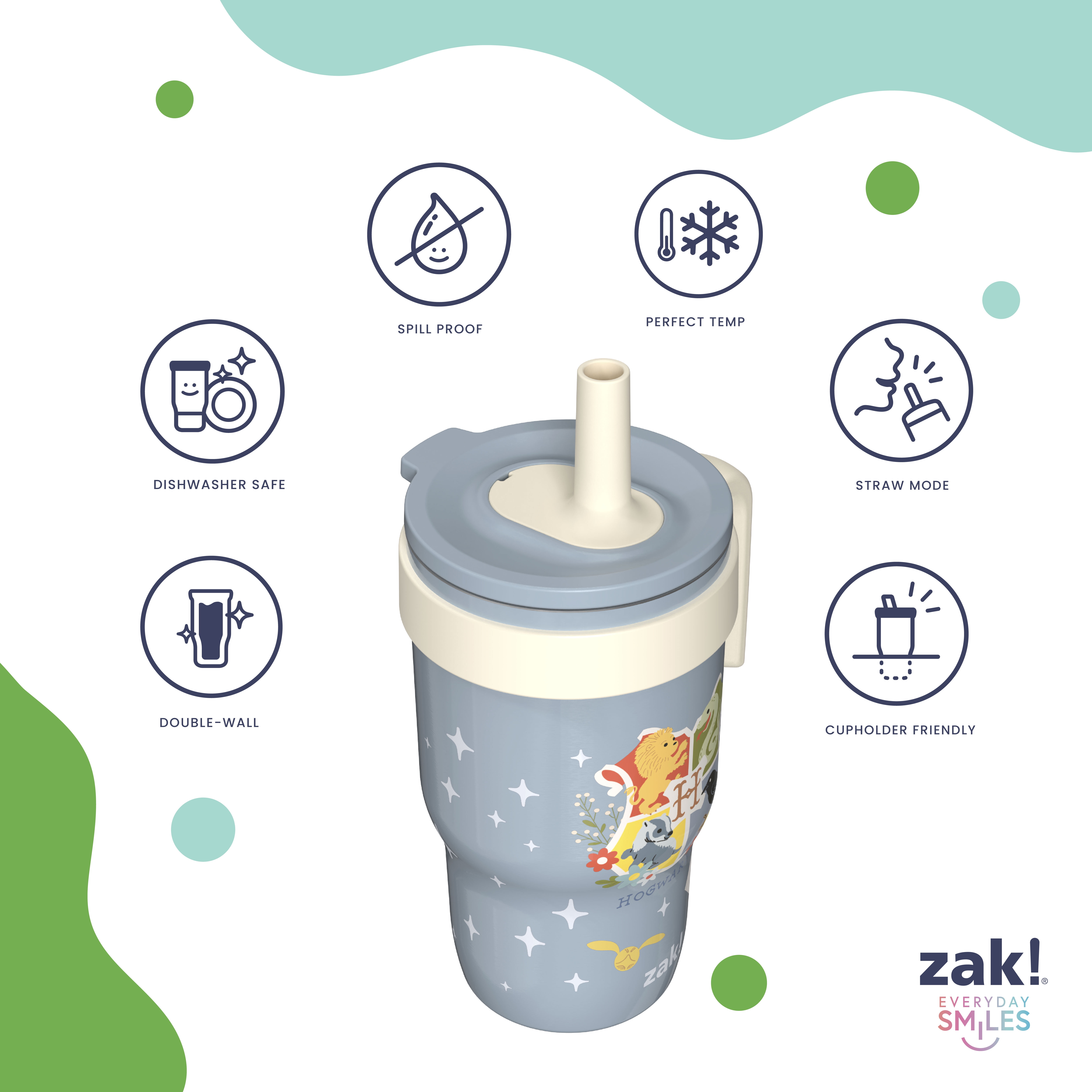 Zak Designs 10oz Harry Potter Kids Handle Tumbler, Stainless Steel Cruiser Tumbler with Soft Silicone Straw, Leak-Proof, Easy to Hold, Blue