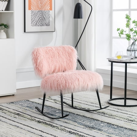 paproos 25.2   Wide Faux Fur Plush Nursery Rocking Chair  Baby Nursing Chair with Metal Rocker  Fluffy Upholstered Glider Chair  Comfy Mid Century Modern Chair for Living Room  Bedroom  Pink