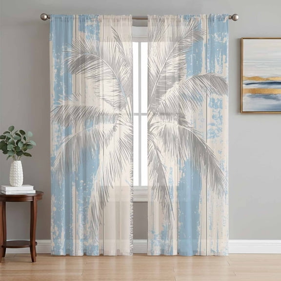 Palm Tree Sheer Curtains 84 Inch Length 2 Panels Set, Blue Tropical Plant Summer Retro Wood Plank Voile Window Treatment Rod Pocket Curtains Sheers Drapes for Bedroom/Living Room/Kitchen 52"x84"x2