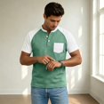thumbnail image 2 of GrmtClth Mens Waffle Knit Henley Shirt with Pocket Casual Short Sleeve Color Block Raglan T-Shirt Lightweight Button Placket Tops Summer Daily Wear Baseball Style Tees Mint Green 2XL, 2 of 3