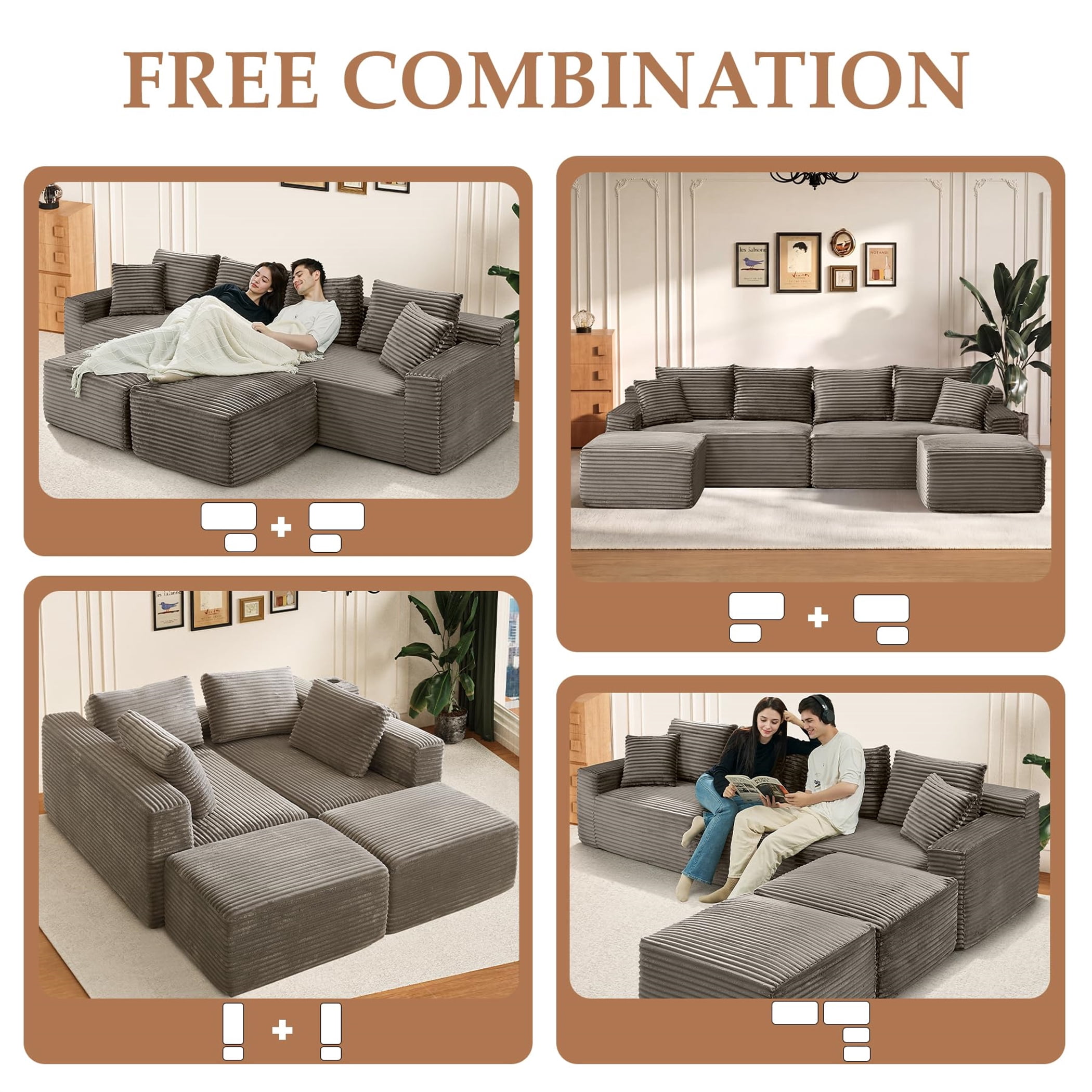 Aukfa 115" Cloud Sectional Sofa U Shape Modular Boneless Couch for Living Room, 2 Ottoman&Pillows, Corduroy, Brown