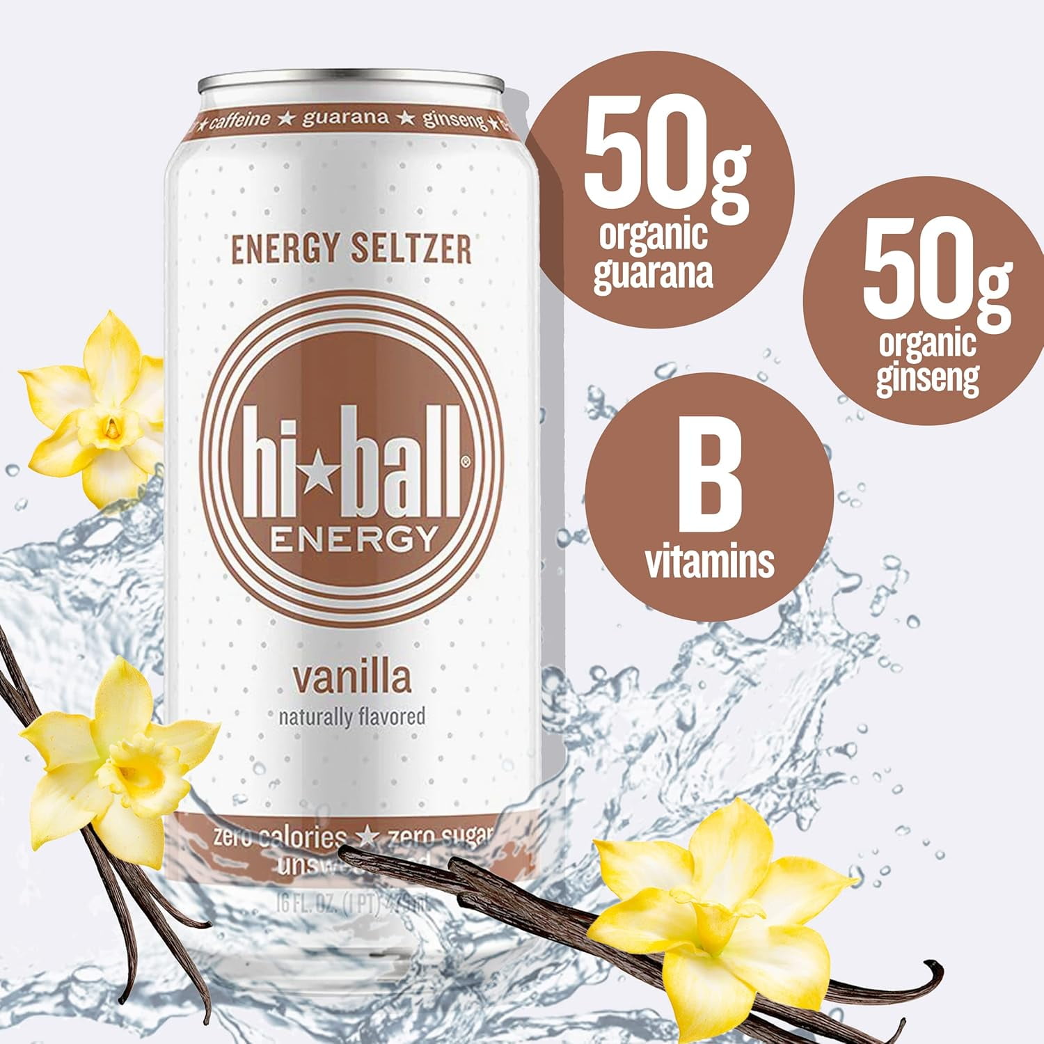 Hiball Clean Energy Drink, Zero Sugar Caffeinated Seltzer Water, Vanilla, 16 Fl Oz, 12 Pack