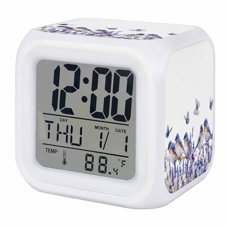 Purple Spring Floral Digital Alarm Clock for Bedrooms,Smart LED Alarm Clock with 7 Color Changing Night Light,Watercolor Summer Birds Butterfly Silent Wake Up Clocks for Sleep Study Cooking 3.2x3.2