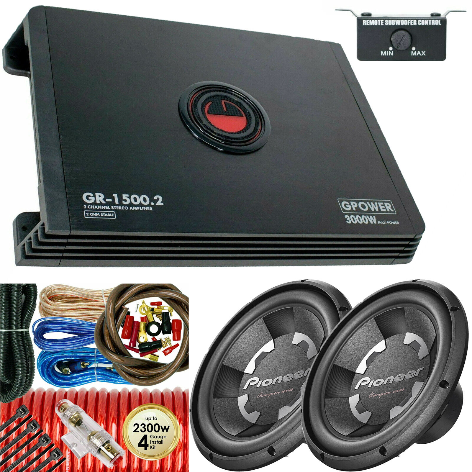1x Pioneer TS-300D4 12" 1400 Watts + + Amplifier 3000W 2-Ch + 4 Ga Kit Bundle - Walmart.com