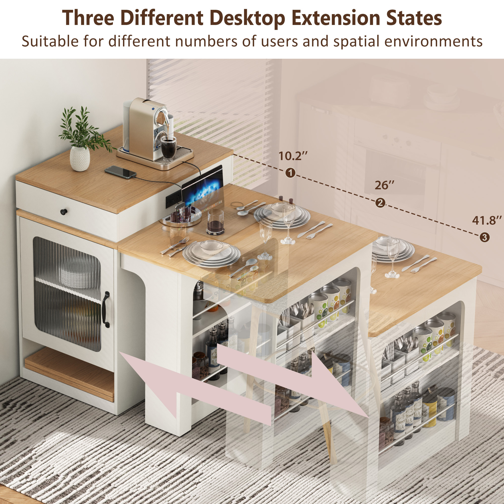 MODERNLUXE 59.5" Kitchen Island with Extendable Dining Table,Large Mobile Kitchen Storage Table with Double-sided Storage,2 Drawers, Open Shelves & Power Outlet,Rolling Islands Cart for Dining Room