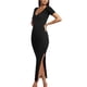 thumbnail image 1 of Vestido largo ajustado con cuello en V profundo y abertura lateral negra para mujer Vestidos largos de fiesta de noche de manga corta divididos, 1 of 6
