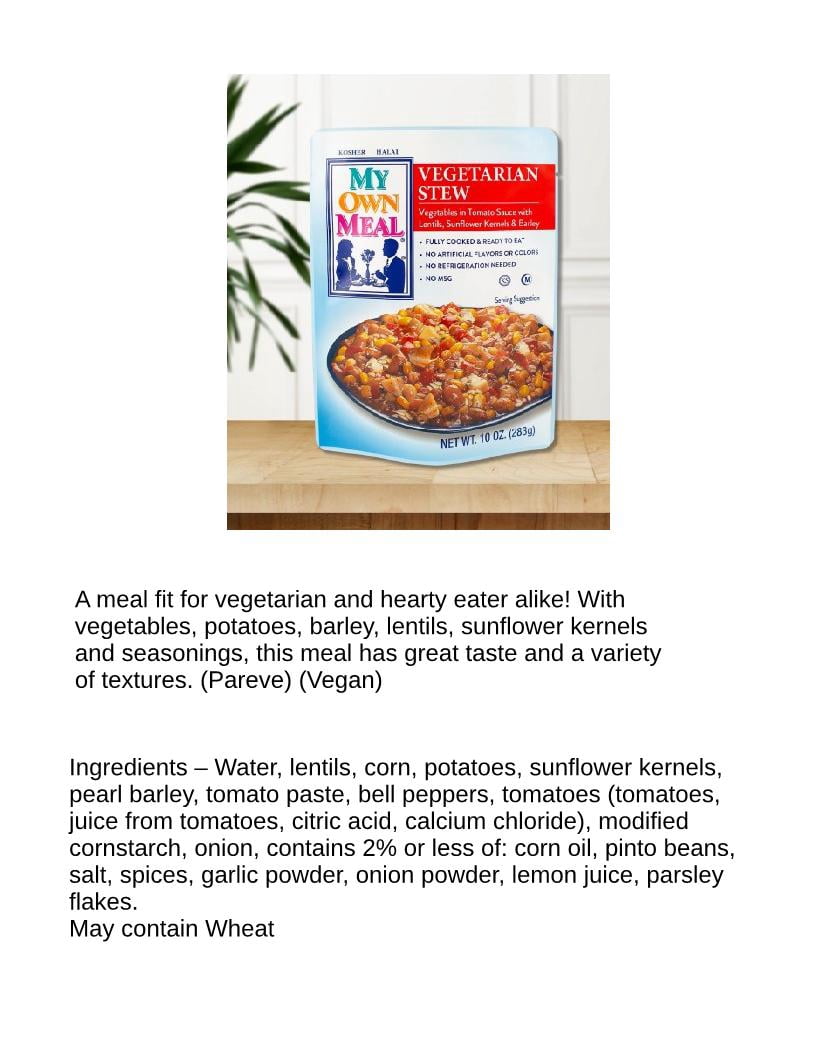 My Own Meals Vegetarian Stew, Kosher, Shelf Stable, 10 OZ Pack of 6