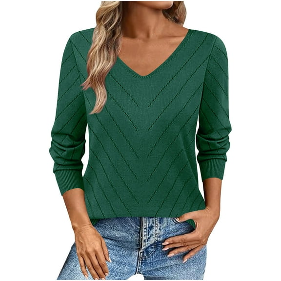Womens Knitted Fall Sweater, Long Sleeve Pullover for Women Fashion Loose Fit Solid Color Hollow V Neck Sweaters