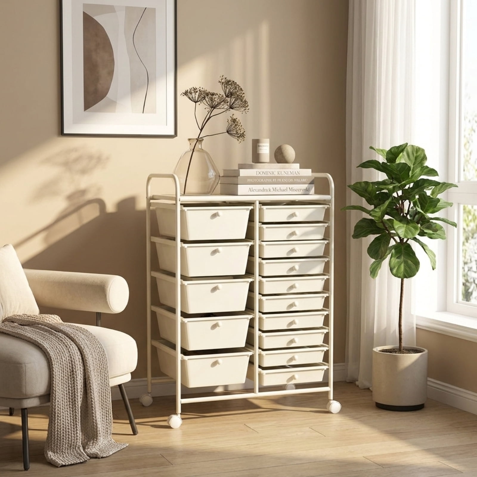 Furnibear 15-Drawer Utility Rolling Organizer Cart Multi-Use Storage for Home Office Craft Room Classroom, White