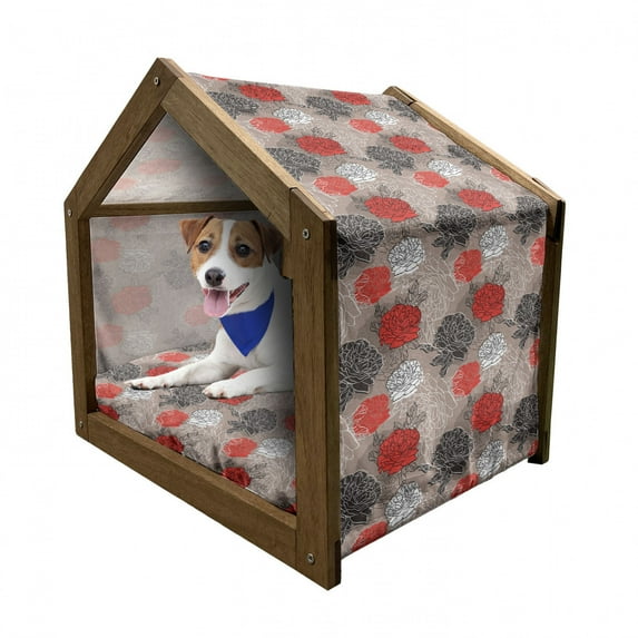 Floral Pet House, Blossoming Peonies Vintage Botanical Composition Abstract Petals and Buds, Outdoor & Indoor Portable Dog Kennel with Pillow and Cover, 5 Sizes, Multicolor, by Ambesonne