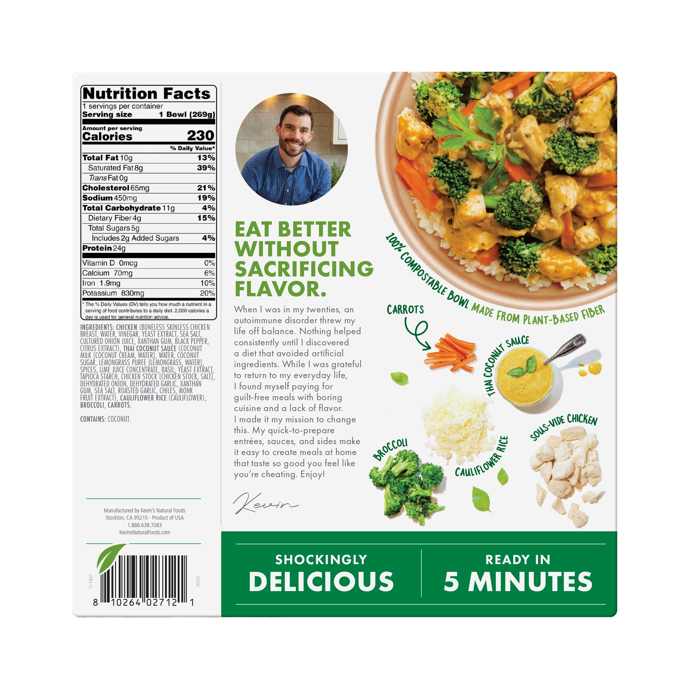 Kevin's Natural Foods Thai-Style Coconut Chicken, Frozen, 9.5 oz Bowl