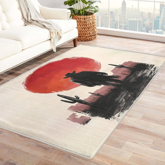 Cowboy Rugs for Living Room - 3x5 Rug - Cowboy Rug - Western Red Sun Area Rug - Boys Wild West Rugs - Western Desert Carpet