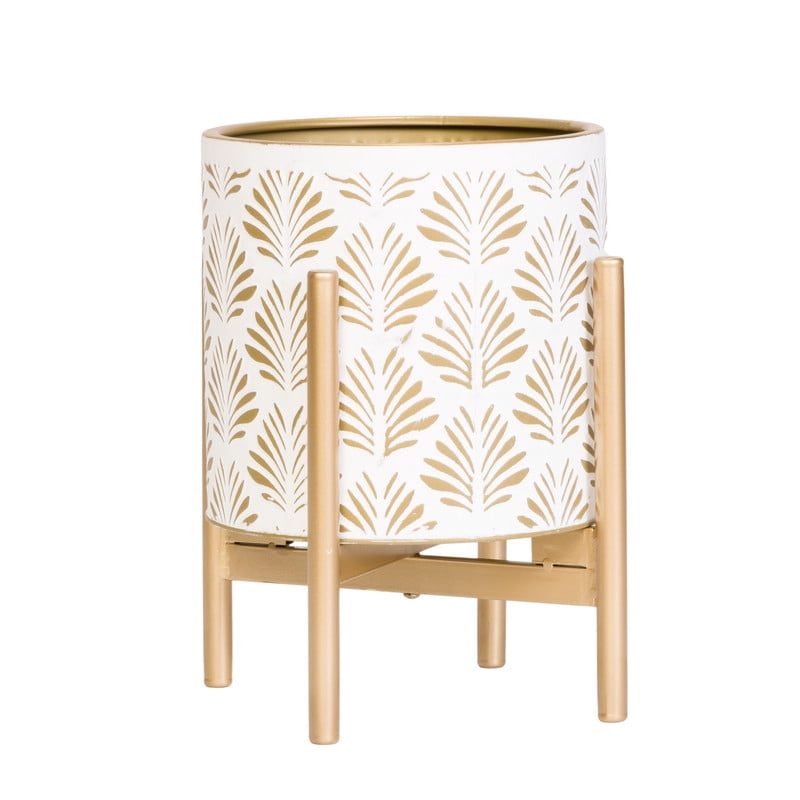 Boho Metal Planter Pot With 4-Leg Gold Metal Base - White & Gold - 12"H x 9.5"W