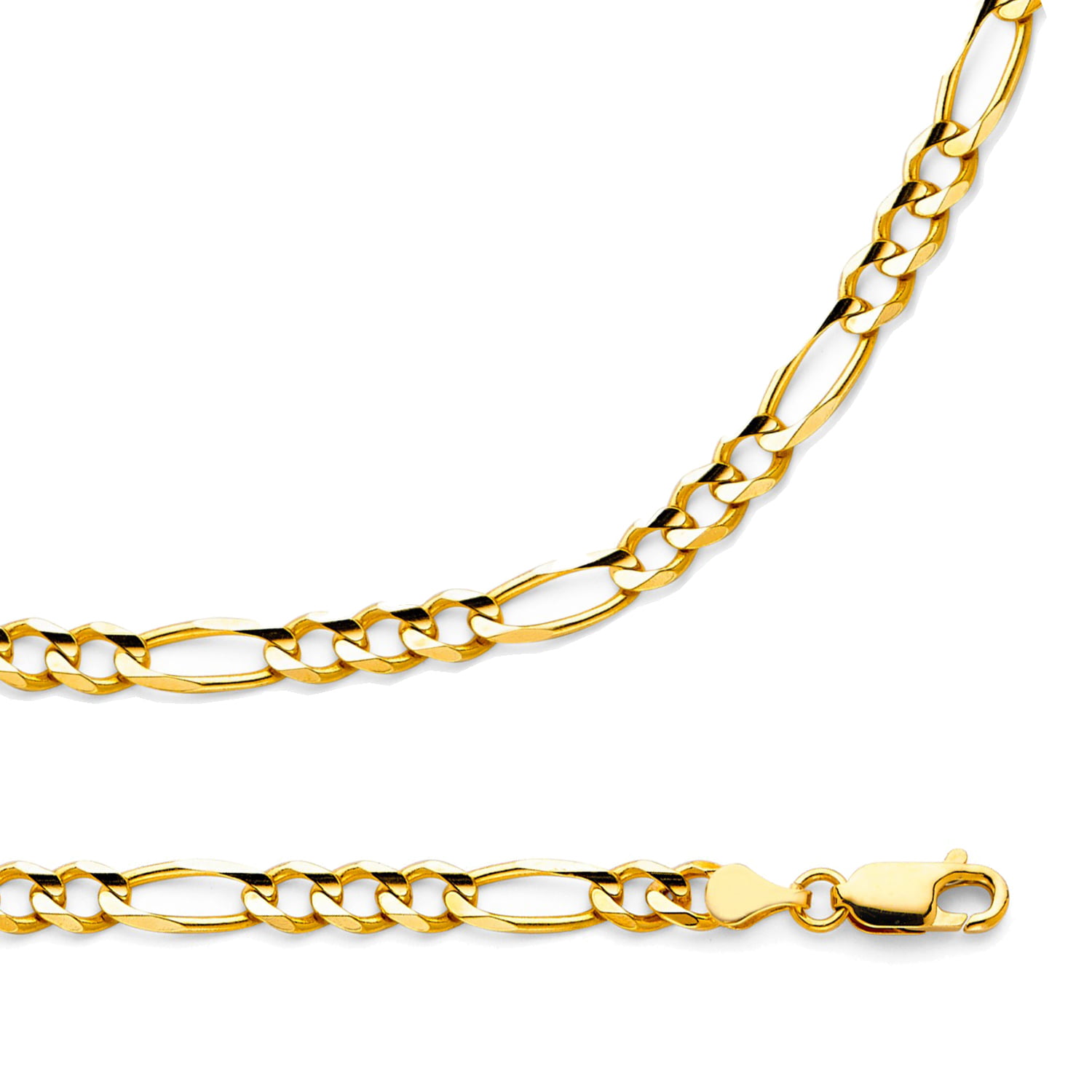 Figaro Necklace Solid 14k Yellow Gold Chain Open Link 3 + 1 Concave ...