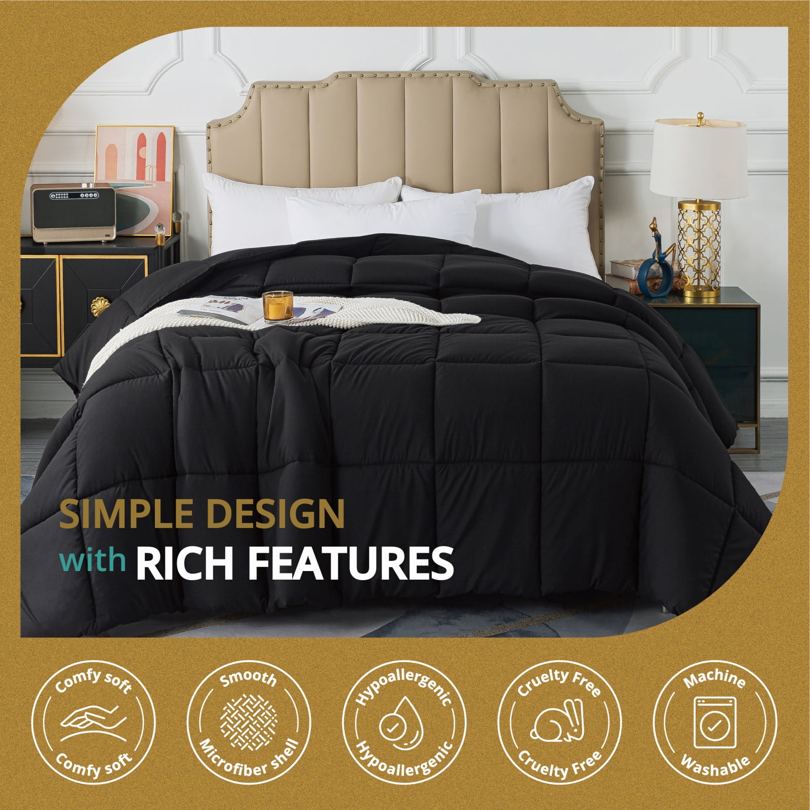 IGI Full/Queen Comforter, Black | All Season Hotel Down Alternative Duvet Insert, Adult, Unisex, 88x92in