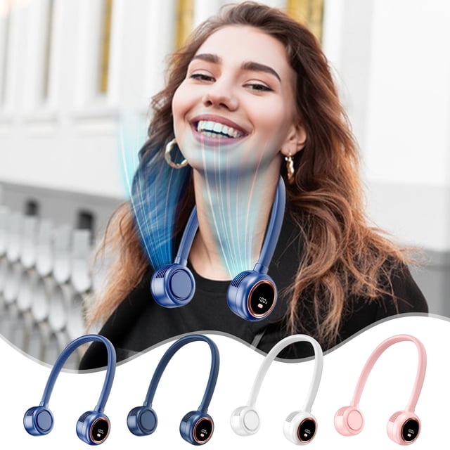Ventilador digital turbo para el cuello - batería de 3600mAh, 5 velocidades, recargable USB-C, ventilador portátil colgante para exteriores y desplazamientos, blanco/rosa/azul