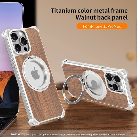 ELEHOLD Case for iPhone 15 Pro Max, Frameless 360° Rotating Aluminum Wood Shockproof Stand Case, Wireless Charging, Car Mount Compatible,Titanium
