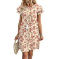 thumbnail image 2 of Women's Summer Dresses Ruffle Sleeve Round Neck Loose Swing Sundresses with Pockets Plain/Print Beige Floral L, 2 of 7